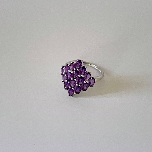 925 Sterling Silver 16 Oval Purple Amethyst Cluster Cocktail Ring  6.5 - Picture 4 of 7